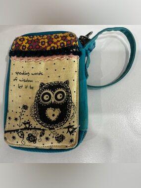 Natural Life Owl Wristlet Pouch in Teal with Floral Trim